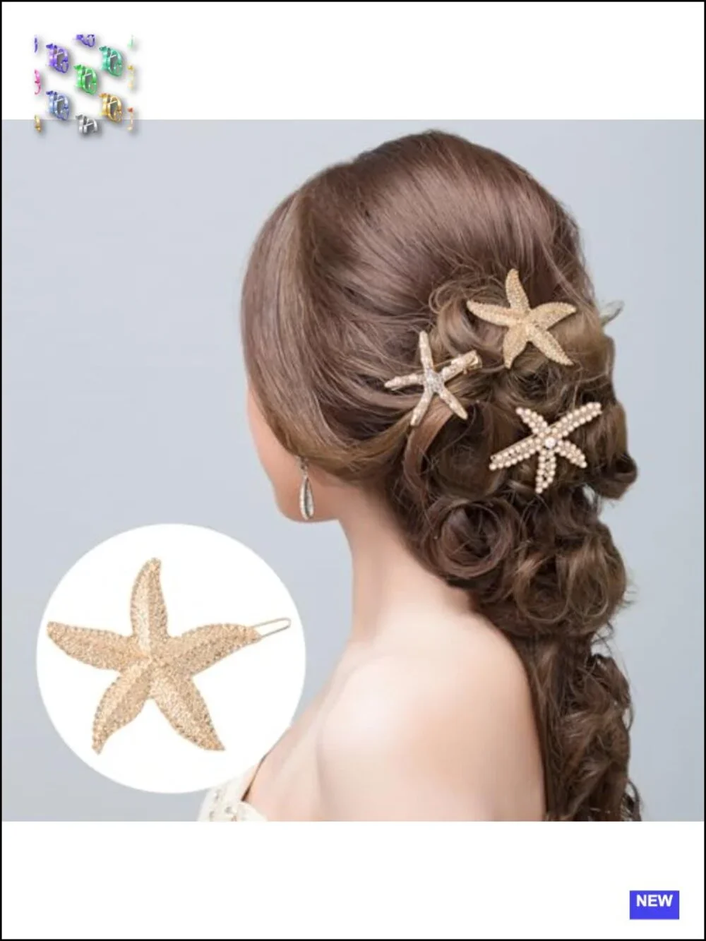 3 PCS Starfish Hair Clips, Gold Rhinestone Pearls, Faux Pearl Crystal Sea Star